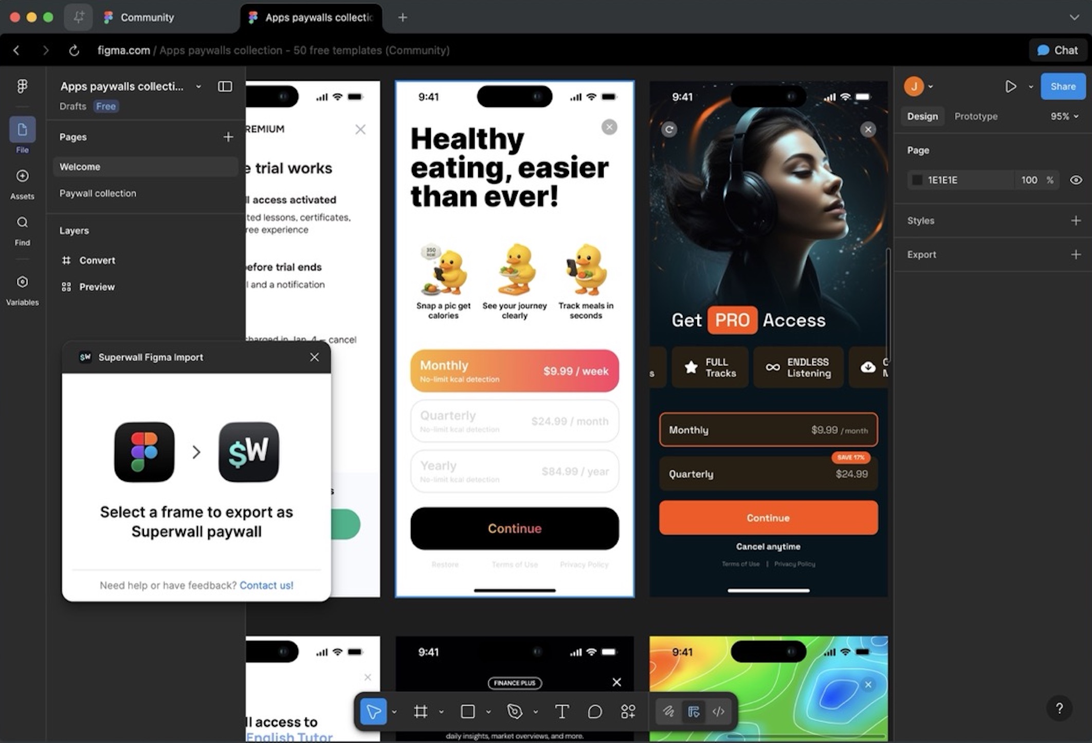 Select a frame in Figma to export as a Superwall paywall